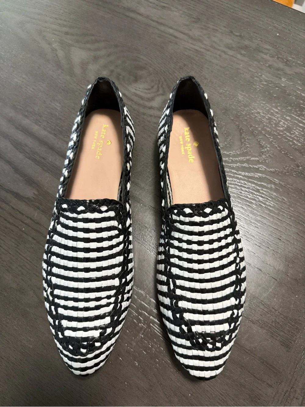 Kate Spade New York Woven Black White Loafers Women’s Size 10 B Leather Sole EUC